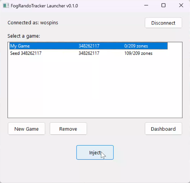 Game list with Inject button
